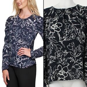 DKNY Floral-Print Puff-Shoulder Top  